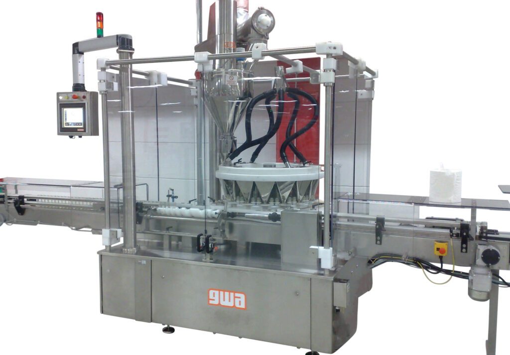 Rotary powder filling machine including conveyor